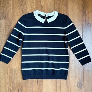 Talbots Preppy Navy Striped Sweater with White Removable Collar. Size Small